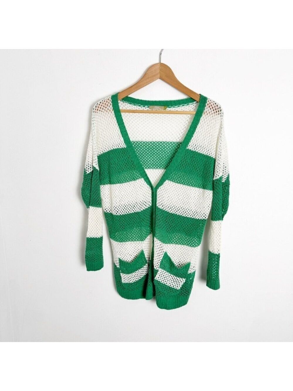 Etam Loose Knit Crochet Cardigan Green and White Stripe size
